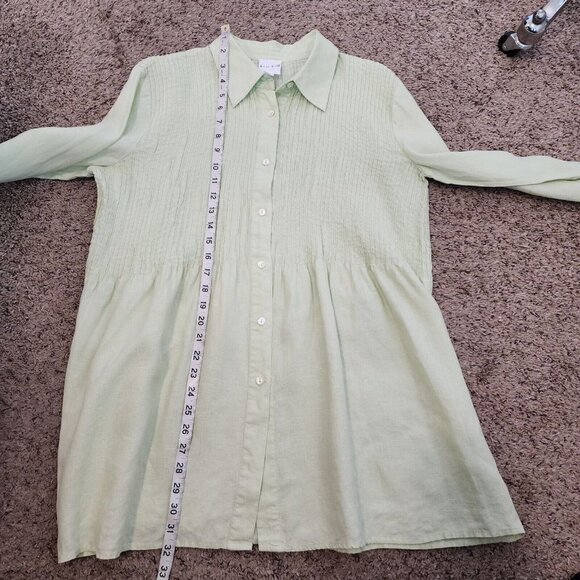 Kate Hill 100% Linen Green Pintuck Pleated Button Down Collared Tunic Top PM - Picture 9 of 9